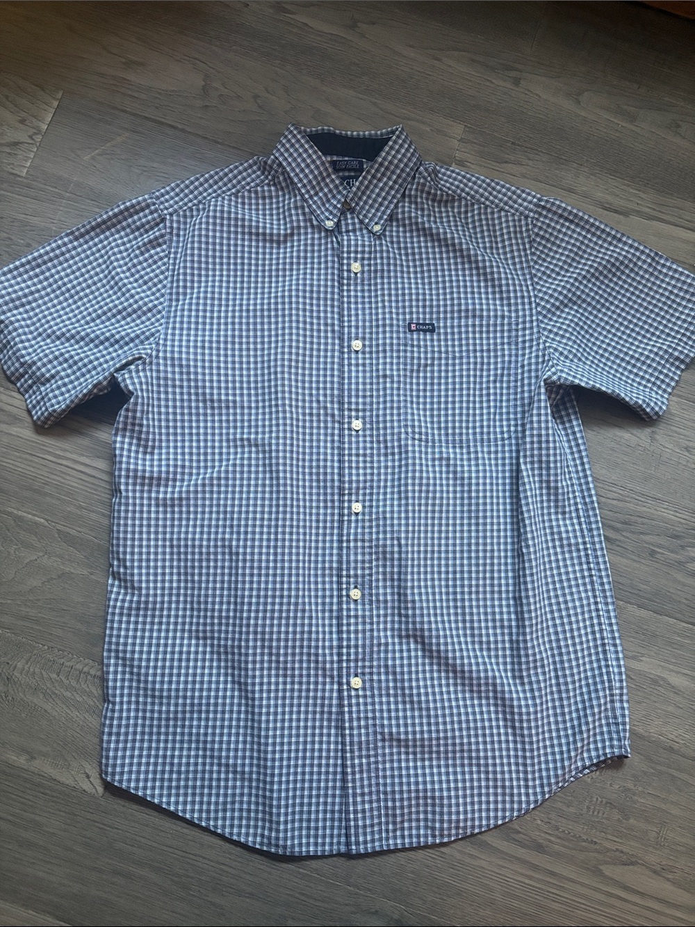 CHAPS | Short-Sleeve Casual Checkered Button-Down Blue White Shirt Summer Size M